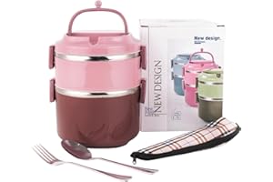 SANQIAHOME 2 Capas Fiambrera apilable,de 18/8 acero inoxidable, Caja de comedor sellada de varias capas,Rosa