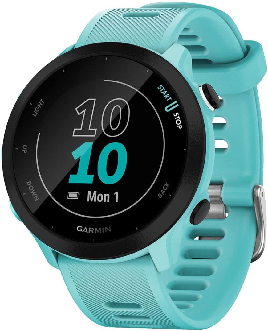 Garmin Forerunner 55, Reloj inteligente para running con GPS, Planes de entrenamiento, Notificaciones y seguimiento del bienestar, Color Turquesa