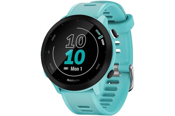 Garmin Forerunner 55, Reloj inteligente para running con GPS, Planes de entrenamiento, Notificaciones y seguimiento del bienestar, Color Turquesa