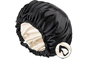 Juimtien Satin Schlafhaube Haar Mütze Mädchen Seidenmütze,Damen Lange Satin Mütze Schlafhaube Extra Große Satin Haarhaube Doppellagig Verstellbare schlafhaube Haare schützen（Schwarz）