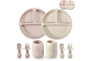 PandaEar Silikon Baby Geschirrset Kindergeschirr| 2 Kinder Teller mit Saugnapf mit 2 Babylöffel 2 Gabeln und 2 Becher Trinklernbecher ab 4 Monate| Esslernbesteck blw led Weaning Zubehör