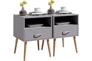 JOOLI H Joolihome Wood Bedside Table Set of 2 Cabinet Storage Nightstands 1 Drawer with Metal Handle, 42 x 42 x 56 cm (Grey, 2)
