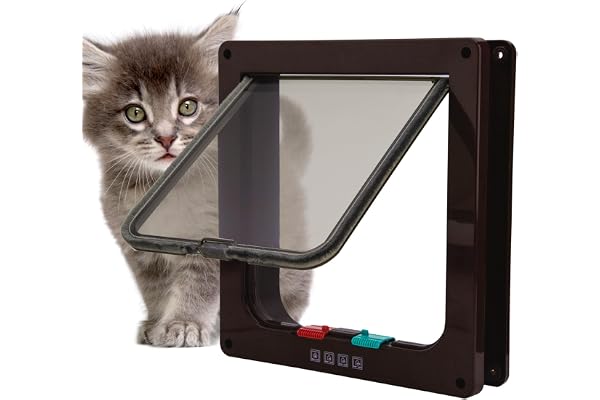 TKOOFN Chatière pour Chat, Sécurité Chatière Imperméabiliser avec verrou Rotatif à 4 Voies pour Chat, Petit Chien, Facile à Installer et à Utiliser, Chatières pour Chien Intérieure - Marron - S