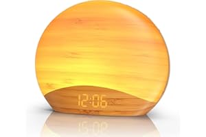 ‎REACHER REACHER Lichtwecker Sonnenaufgang, Nachtlicht, 0–100% Dimmbare Uhr, 26 Beruhigender Klängen, Nachttischlampen, Holz Tageslichtwecker für Schlafzimmer, Erwachsene, Babys, Kinder