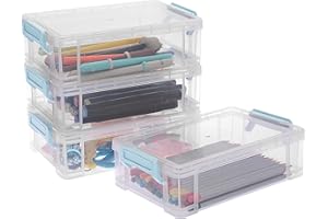 BTSKY Pack of 4 Stackable Transparent Pen Boxes, Office Supplies Storage Boxes, Multifunctional Storage Boxes, 19.5 x 12 x 6 cm Intermediate Size (Blue Buckle)