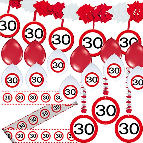 23-tlg. Partyset * 30. GEBURTSTAG * mit Verkehrschild Deko: Girlande + Rotorspiralen + Absperrband und vielen Luftballons von CARPETA® // Dekoset Dekobox Verkehrsschild