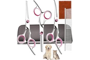 QIYULIN Dog Grooming Scissors - Professional Pet Grooming Kit with Flea Comb - Safety Round Tips Dog Thinning Scissors (Pink) Set of 6 | Grooming Products for Dogs Petking