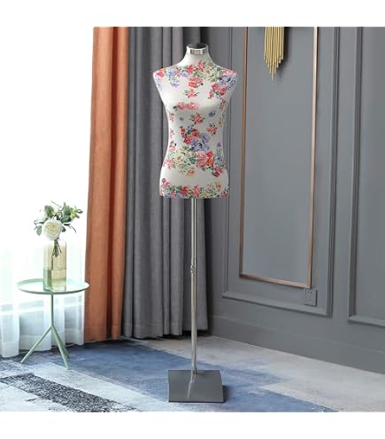 Mannequin De Couture AILANT - Taille XL 42/44 - Couverture Fleurs Noires - Support Bois Blanc
