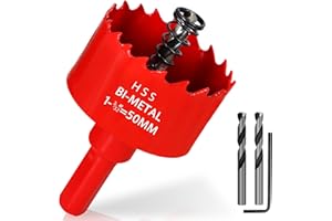 KACNON Scie cloche bi-métal 50 mm universelle HSS M42 avec tige hexagonale et foret - Tailles complètes - Coupe précise et rapide - Pour bois, plastique, plaque de plâtre, tôle - Rouge