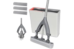 MASTERTOP Sponge Mop and Bucket, Lazy Squeeze Mops with Bucket Wringer, Super High Absorption Sponge Mops for Laminate, Tile, Hardwood Floor Cleaning, Send 3pcs Replacement Heads