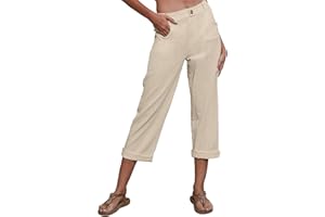 Yutdeng Pantaloni Cottone Lino Donna Pantaloni Estivi Leggeri Pantalone Elegante con Bottone e Tasche Pantaloni Comodi Larghi Gamba Dritta (Corti da 3/4)