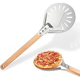 QOUBNIC Perforated Pizza Peel, 7 Inches Round Aluminium with Detachable Handle for BBQ Cooking Pizzas, Pan, with Wooden Handl