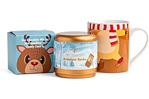 TILZ COLLECTION Geschenkset für heiße Schokolade mit Becher, Socken und Zuckerstange – Rentier-Geschenkset für heiße Schokolade für Kinder, Mini-heiße Schokolade – Geschenke für heiße Schokoladenbecher (mit Socken)