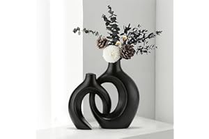 Anquephd Snuggle - Juego de 2 jarrones de cerámica hueca para decoración del hogar, diseño nórdico moderno, estilo bohemio, florero decorativo de cerámica para decoración del hogar, color negro