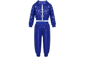 Alvivi Kids Boys Girls 2PCS Shiny Sequins Long Sleeves Hoodie Outerwear with Pants Hip Hop Jazz Dancing Costume