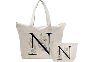 TOOZEN Personalizadas Bolso Tote de Mujer con Inicial, Bolsa de lona con Bolsillo Interior, Bolsa de Compras con Bolso de Cosméticos, Regalos para Damas Mejor Amigas Mamá, Regalo Cumpleaños Navidad N