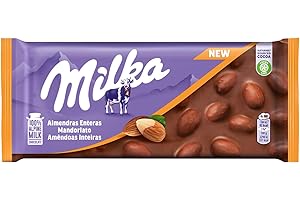 Milka, Tableta de Chocolate con Leche de los Alpes con Almendras Enteras, 100g