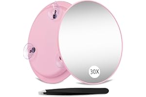 Suupvaor 30X Magnifying Mirror with 3 Suction Cups, Large 15cm Magnified Mirror 30X Travel Round Makeup Mirror with High Magnification, Make up Mirror with Tweezers Sets