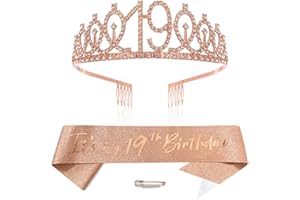 XIHUIMAY Or rose 19e anniversaire couronne et écharpe fille 19e anniversaire décoration strass anniversaire diadème princesse couronne reine tiare d'anniversaire filles 19 ans décoration fête vêtements