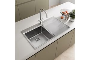 PLUMBWORLD SÄUBER® 860 x 520mm Single Bowl Stainless Steel Kitchen Sink, Inset Drop in Installation, Right Hand Drainer,1.0 Bowls Sinks & Free Basket Strainer Waste