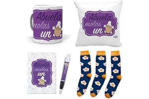 MUNDOHUEVO Mega Regalo Personalizado para Abuelas. Abuela molas un Huevo. Taza, cojin, libreta, boli y Trio de Calcetines