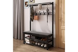 ANGROUPS Appendiabiti da Terra Banco in Metallo con Ripiani Scarpiera per Ingresso Corridoio con Ganci Rimovibili e Panca e Scarpiera, Appendiabiti Autoportante Bianco 100X33X172CM