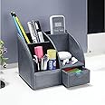 CLADD INTERNATIONAL Vegan Leather Personal Desk Organizer | 4 Compartment & Sliding Drawer | Office Accessories Storage | Table Top Caddy Sort Pen, Pencil, Paper, Mobile, Remote | Blue