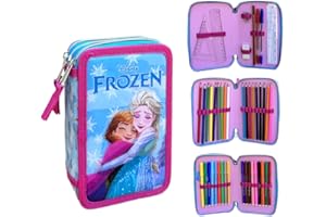 CARTOON Astuccio multiscomparto 3 zip Frozen Disney per la scuola completo 44 pezzi penne matite colori pennarelli giotto