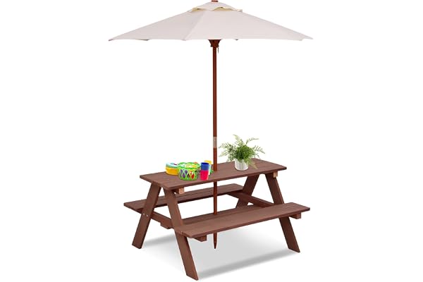 COSTWAY Table de Pique-Nique Enfants avec Parasol Amovible, Table de Jardin Extérieur avec Chaise en Bois, Bancs d’Activités pour Jardin Terrasse Patio,89x79x175cm (Naturel)