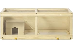 PawHut Jaula para Hámster con Panel de Acrílico 100x58x38 cm Casa para Hamsters de Madera con Tapa Abatible Bandeja Extraíble y Nido para Chinchillas Conejos Natural