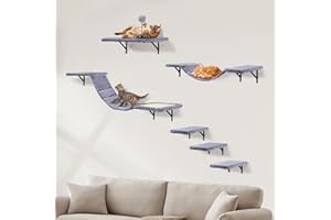 AFYHA Ensemble mural d'escalade pour chat XXL avec escalier mural, hamac, pont à chat, planche à gratter et arbre à chat, meubles muraux pour chat – 6 éléments muraux pour chat (gris clair)