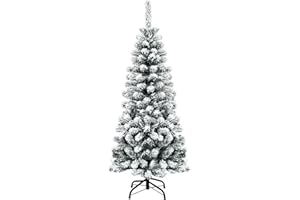 COSTWAY Albero di Natale Innevato 140/180/225 cm, Albero di Natale Artificiale Slim con 242/500/641 Rami Realistici e Folti e Base Pieghevole di Metallo, Apertura a Ombrello (140 cm)