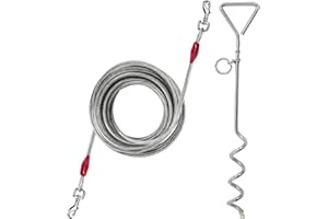 PETOPEDIA 20ft (6m) Dog Tie Out Cable with 16" (40cm) Heavy Duty Steel Spiral Ground Spike Stake Dog Chains for Outside Tether, Camping Lead Hook Leash (6 metre)