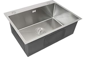 KUKOO Kitchen Sink Stainless Steel Square Brushed Premium Handmade Satin Finish Commercial Single Bowl with Strainer Plug & Waste Pipe Set
