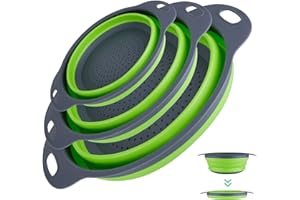 SHIRYLZEE 3 Stück Faltbarer Seiher Sieb, Küche Silikon Klappbar Abtropfsieb Nudelsieb Set mit Grifffor Silikon Sieb Seiher für Draussen Camping Küche, 3 Größe of 9.5" and 11.5" and 14" Colanders