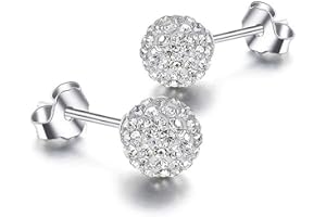 RIVERTREE 925 Sterling Silver Earrings for Women Disco Ball Earrings Pave Crystal Stud Shamballa Sparkly CZ Diamond (6mm 8mm 10mm）