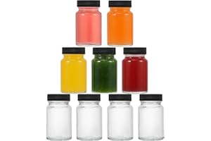 LIMILI Glass Shot Bottles 60ml (2oz) - 9pcs Wide Mouth Reusable Clear Mini Containers with Lids for Juice, Ginger Shots - Leakproof, Dishwasher and Freezer Safe