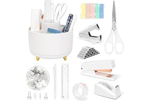 HEBAOGUGU Office Stationary Set, White Stationary Supplies with Pen Pot, Stapler & Staple Set, Tape Dispenser, Scissor, Color Tabs, Ruler, Pen, Practical Office Accessories for Women, Teachers, Kids