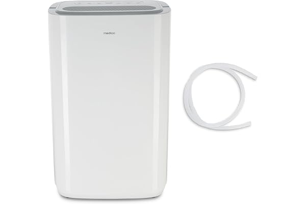 MEDION DH20 Déshumidificateur (électrique, 20Liter/24h, jusqu'à 20m², 43db silencieux, salle de bain, chambre, réservoir d'eau 5.4 litres, mode linge, minuterie, roulettes au sol, MD12048)