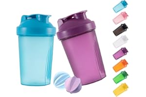 GAISHION Protein Shaker Flasche 400 ml Auslaufsicher, BPA Frei, Eiweiß Shaker für Supplement Shakes mit Sieb & Skala, Fitness Mixer für cremige Whey Proteinpulver Shakes, (Blau+Lila(2PCS)