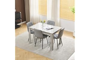 Homullel 120cm Glossing Dining Table and 4 Chairs, 4 Seater Kitchen Table and Chairs Set for Space Saving, Compact Dining Room Set for 4, 120x80 cm, Wooden, Beton Grey (4 Seaters, PU Diamond Grey#5)