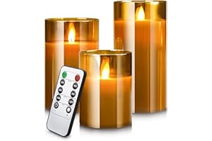 YMing 3 LED Bougies Sans Flamme 10-15cm Bougies Electrique Piliers en Verre Doré LED Flamme Vacillante Fausse Bougies à Piles avec Télécommande et Minuterie pour Fête, Anniversaire, Mariage, Table