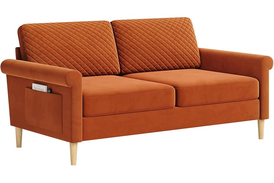 Vesgantti Velvet 2 Seater Sofa, 164cm Loveseat Sofa with Bilateral Pocket Storage, Upholstered Couch Perfect for Living Room, Bedroom, Office, Apartment, Tool-free Assembly, 164L*76D*85Hcm, Orange