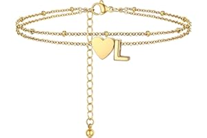 PROSTEEL Bracelet de Cheville Plaqué Or pour Femme, Chaîne Double Couche avec des Charmes Cœur et Lettre, Chaîne de Cheville Ajustable de 22+5cm