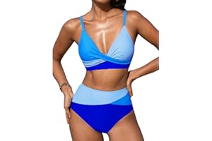 SNUOEN Bikinis Mujer Reductor Barriga Cintura Alta Cuello en V Push Up Sexy con Relleno Traje de Baño Mujer 2 Piezas