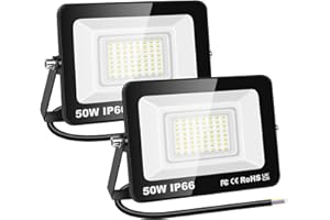 RIGIDON 2x 50W Luci da Esterno, 5000 Lumens Faretto Led, Fari di Sicurezza, Proiettore Led Esterno, Faretti LED Lampada Luce Bianca Freddo 6000K, IP66 Per Giardino Cortile Garage Piazza Officina