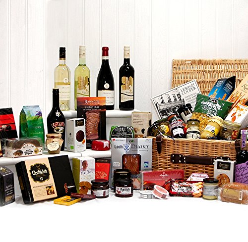 The Deluxe Food and Drink Hamper - Large Luxury Wicker Basket with 46 Gourmet Food Items, 4 Bottles of Fine Wines & Baileys Irish Cream - Gift ideas for Mum, Valentines, Mothers Day, Corporate, Business gifts, Birthday, Wedding, Anniversary, Dad, Fathers Day, Christmas, Thank you