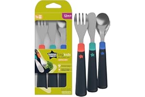 Tommee Tippee Stainless Steel First Cutlery Set, Suitable for 12m+, Kids Cutlery Set with Rounded Edges and Easy to Hold Chunky Handles
