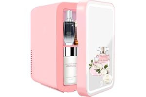 SHTALHST Mini Fridge With LED Mirror, 8L/8can, Mini fridge for Bedrooms, AC/DC, Skincare Fridge, for Skincare, Drinks, Makeup and Food, Bedroom,Car and Office, Pink