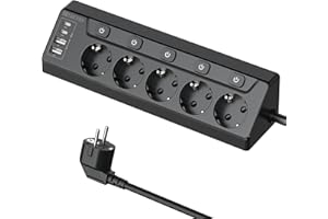 KEAGAR Narożne gniazdo wtykowe z 2 gniazdami USB A i 2 typami C, 5 gniazdek z pojedynczym przełącznikiem, listwa zasilająca z 4 USB, listwa zasilająca z przedłużaczem 2 m, do biurka, narożników, czarna